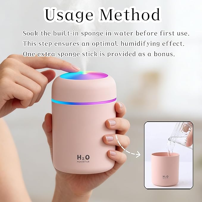 300ml USB Cool Mist Small Humidifier with Colorful Lights,Portable Mini Humidifier, Perfect for Bedroom, Office, Plants, travel & Car, Pink
