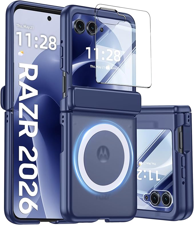 Magnetic for Motorola Razr 2026 Case with Hinge Protection, Screen Protector, Compatible with MagSafe,Skin Feel Translucent Frosted, Shockproof Slim Cover for Moto Razr 2026-Blue