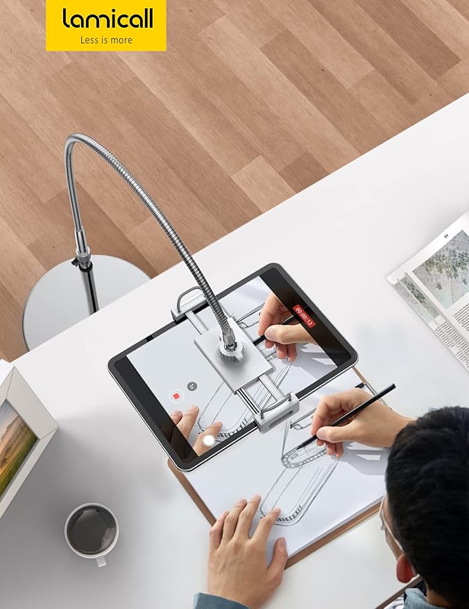 Lamicall Tablet Floor Stand Gooseneck - Swivel Tablet Holder Mount with Adjustable Height & 10.6lb Stable Base, for 4.7-13" iPad mini Air Pro 12.9/9.7, Tab, Kindle, iPhone Air 17 Pro Max, Phones