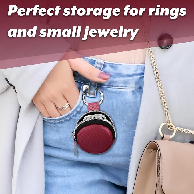Portable Ring Organizer Case with Keychain, Traveling Ring Holder Storage Bag, Anti-Lost Keychain Container for Smart Rings, Jewelry (2, Burgundy)