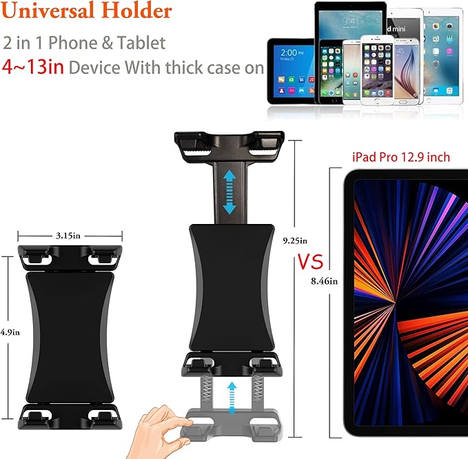 Ipad Holder for Mic Stand, Tablet Phone Holder Micophone Music Stand Mount Adjustable Rotatabe with Super Handle Clamp for iPad Pro 12.9 Air Mini, Android, 4 to 13.5inch iPhones and Tablets