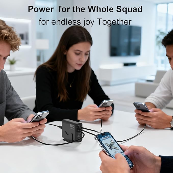 165W GaN USB C Charging Station, 6-Port Desktop Charger [3 USB-C PD + 3 USB-A], Multi-Device Fast Charger with 5 ft Cord for iPad iPhone 17/16/15, Samsung Galaxy, Tablets, Home Office Travel Black