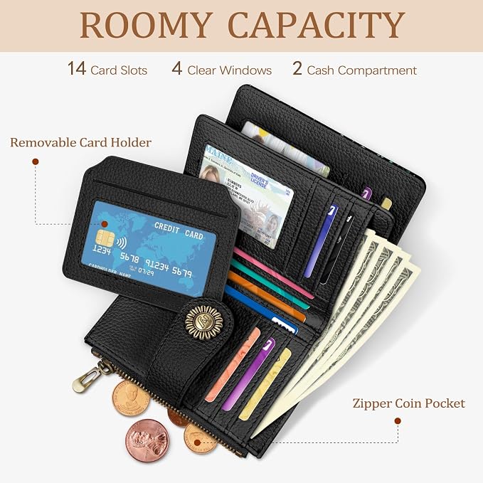 Icycay Goth Gothic Skull Small Wallet Women RFID Blocking Bifold, Credit Card Holder, Zipper Coin Pocket, PU Leather, Funny Witchy, Compact, Travel, 4 ID Window 14 Card Slots, Cash Purse, Ladies Woman