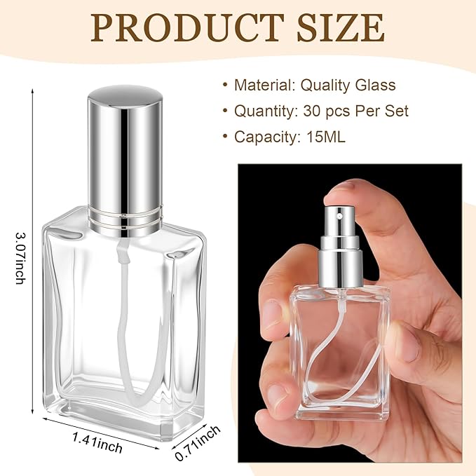 Domensi 30 Pcs 10/15/30/50 ml Glass Perfume Bottles Mini Glass Empty Spray Atomizer Bottles Bulk Refillable Perfume Dispenser Container with Pump Tool for Travel Skin Care (15 ml,Silver)
