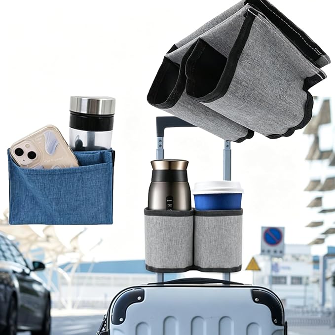 Luggage Travel Cup Holder - Hands-Free Double Coffee Carrier for Suitcases, Ideal for Flight Attendants, Business Trips, Airport Transfers & Train Journeys (Grey)