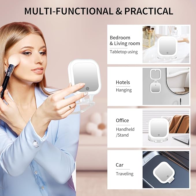FUNTOUCH Travel Mirror with Light, Compact Mirrors, 1x/30x Magnifying Mirror with 3 Color Lights and Adjustable Brightness, 4.5x3.9 inch Small Compact Hangable Hand Pocket Mirrors,White