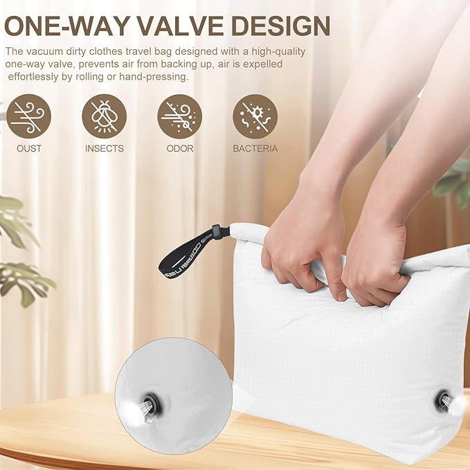 Travel Laundry Bag, Pump Free Vacuum Compression Dirty Clothes Bag Reusable Wet Dry Bags Large Capacity Space Saver Bags Camp Washable Clothes Organizer for Sports Dorm Laundromat (1 Pcs)(White, M)