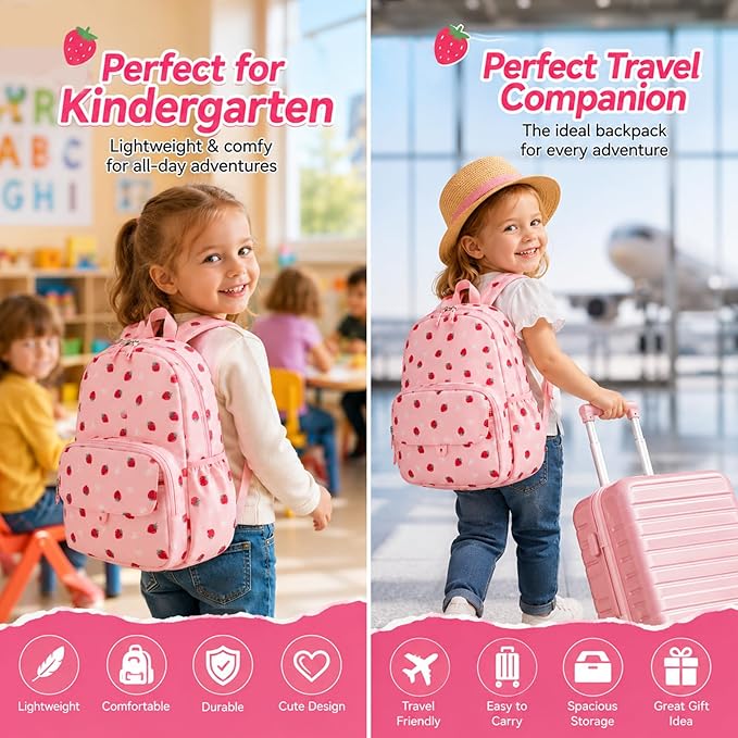 BTOOP Kids Backpack, Girls Backpack 4-6-Preschool Kindergarten School Bookbag with Insulated Lunch Compartment & Chest Strap, Pink-Strawberry Backpacks