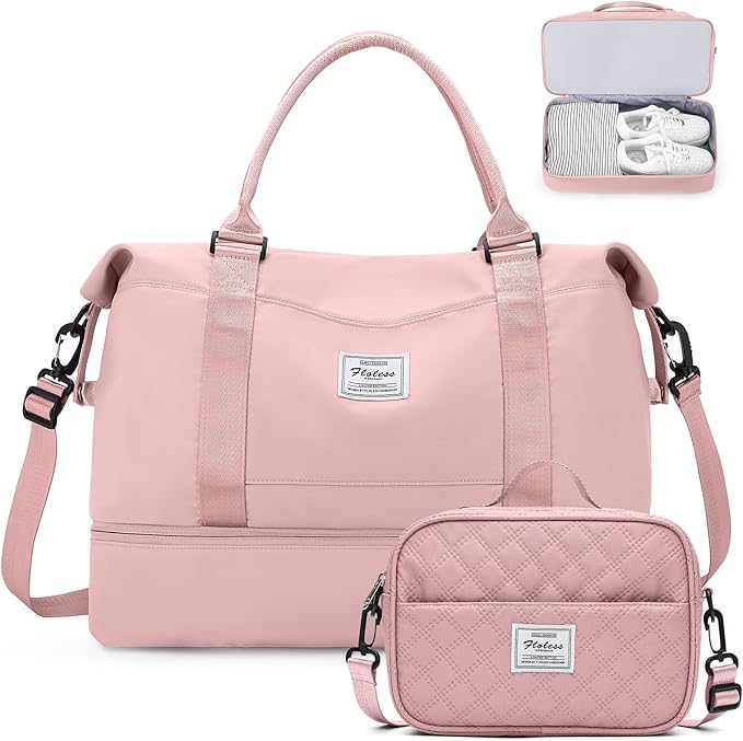 Weekender Bags for Women,Carry On Overnight Travel Duffel Bag with Shoes Compartment & Toiletry Bag,Extra Large,Pink