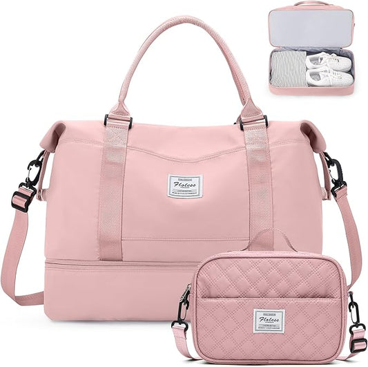Weekender Bags for Women,Carry On Overnight Travel Duffel Bag with Shoes Compartment & Toiletry Bag,Extra Large,Pink