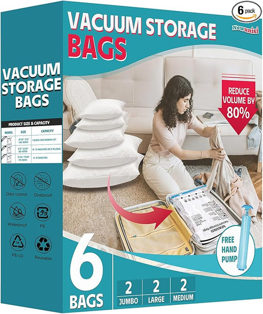 6 Pack Vacuum Storage Bags, Vacuum Seal Bags for Clothing, Comforters, Blankets, Space Saver Compression Bags with Hand Pump (2Jumbo, 2Large, 2Medium)