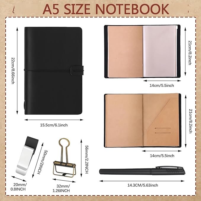 Thenshop Travelers Refillable Leather Journal Notebook Travel Diary Handmade Passport Travelers Journal for Men and Women with 3 Notebook Inserts, Pen Holder, Binder Clip(Black,A5 Size)
