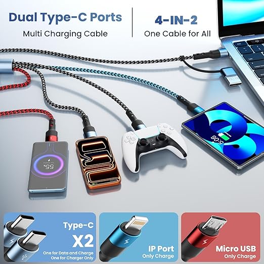 Multi Charging Cable, 6-in-1 USB A/C Cable with Dual Type-C/IP/Micro USB, (2Pack 5FT) Multi Chargers Cord for All Devices, Phone Charger Cord for iPhone 17/16/15/14, Galaxy, Android