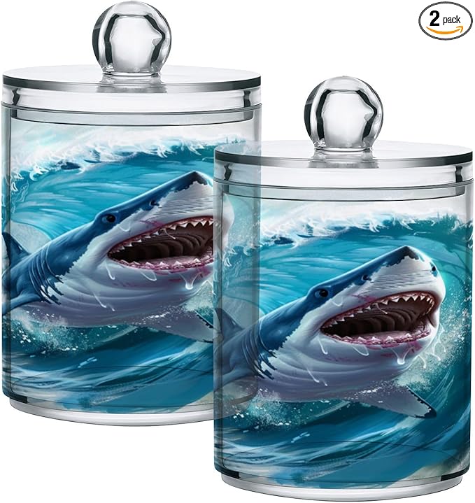 2 Pack Qtip Holder Organizer Dispenser Jumping Shark Blue Ocean Wave Bathroom Storage Canister Cotton Ball Holder Container for Cotton Pads/Swabs/Floss