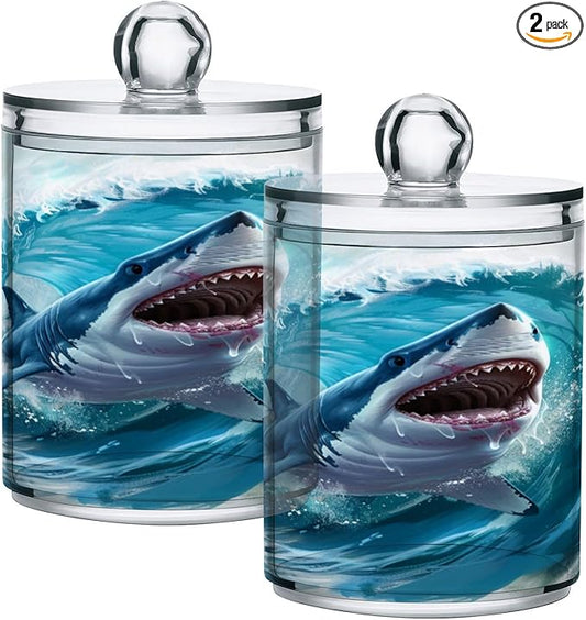 2 Pack Qtip Holder Organizer Dispenser Jumping Shark Blue Ocean Wave Bathroom Storage Canister Cotton Ball Holder Container for Cotton Pads/Swabs/Floss