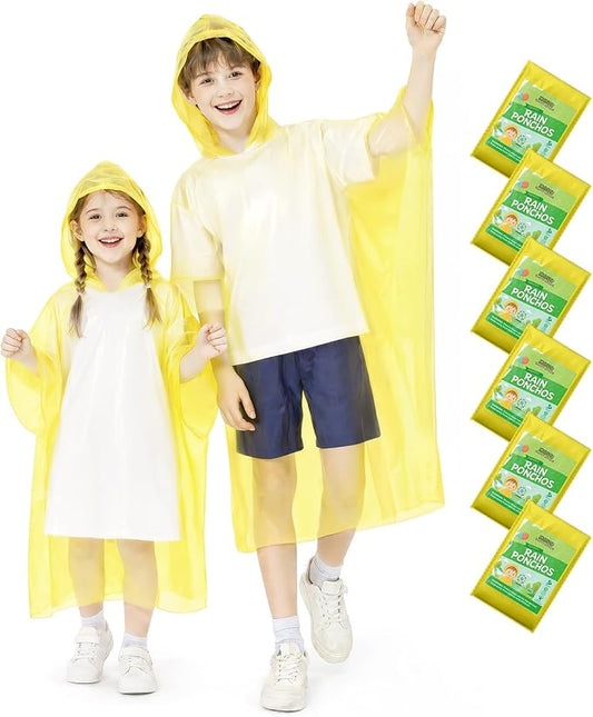 Hitituto Rain Ponchos Family Pack Kids– 6/12/24 Pack Disposable Poncho with Hood, Clear & Assorted Colors, Home Survival Kits