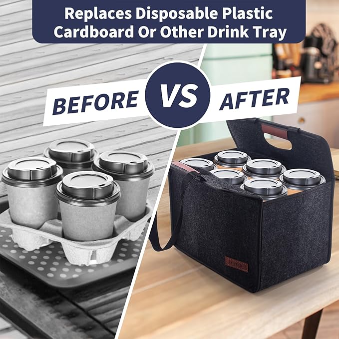Foyego 6 Cup Drink Carrier with Handle, Reusable Insulated Drink Caddy Drink Holder for Car, Folding Portable Coffee Cup Holder Bag for Travel and Delivery