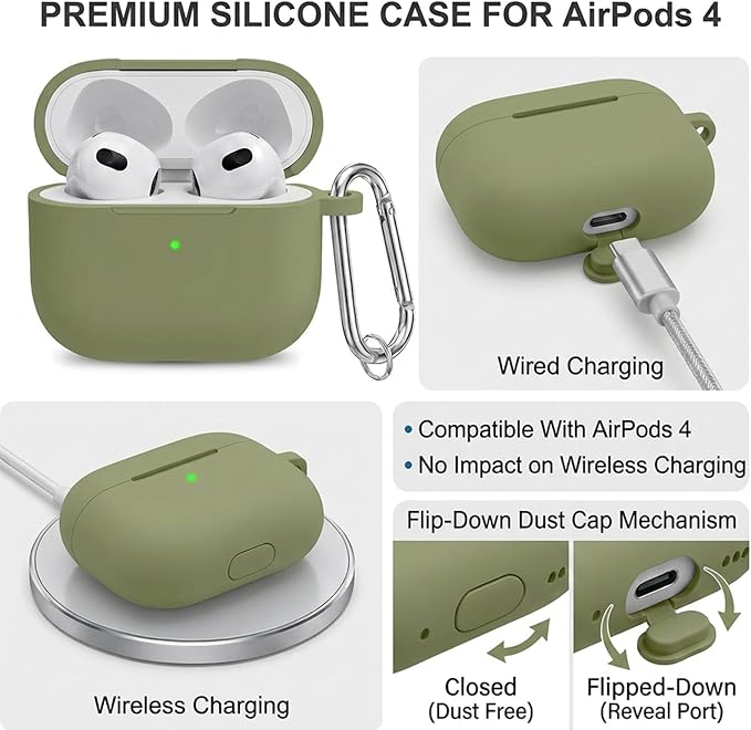 for Airpods 4th Case Cover,Come with Cleaner Kit,Soft Skin Silicone Case Cover with Keychain,Full Protective Case for Men and Women,Compatible with AirPods 4th Generation Case,Army Green