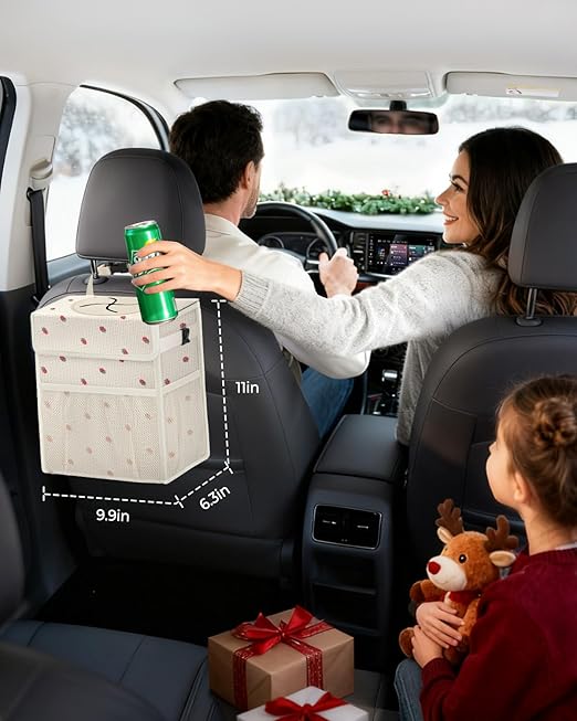 Corduroy Car Trash Can with Lid and Mesh Pockets - Leakproof Organizer,Multipurpose Waterproof Garbage Can/Trash Bin for Car(Beige/Red Strawberry Print-3 Gallons)