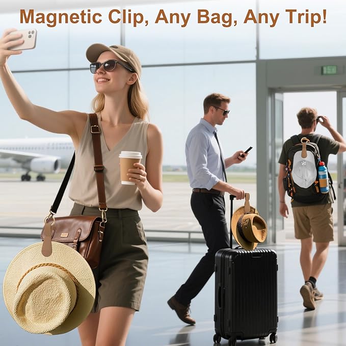 Fikoksol Magnetic Hat Clip 2-Pack - Brown Hat Clip for Travel on Bag, Magnetic Hat Clips for Bag, and Secure Hat Holder for Travel on Caps & Beach Hats, Vacation Essentials