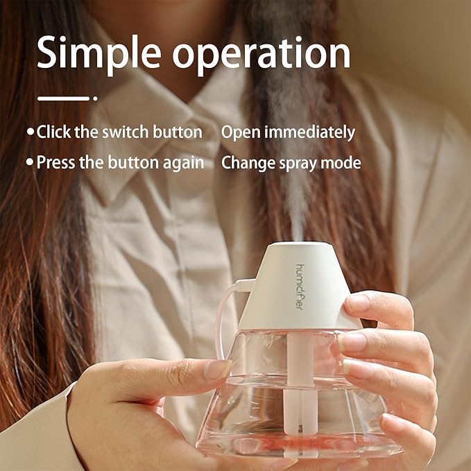 INVODA Mini Humidifiers, 260ml USB Personal Cool Mist Humidifier Cute Volcanoes Desktop Air Humidifier Quiet Night Light Small Humidifiers for Car, Office, Bedroom, Travel (White+6 Cotton Cores)