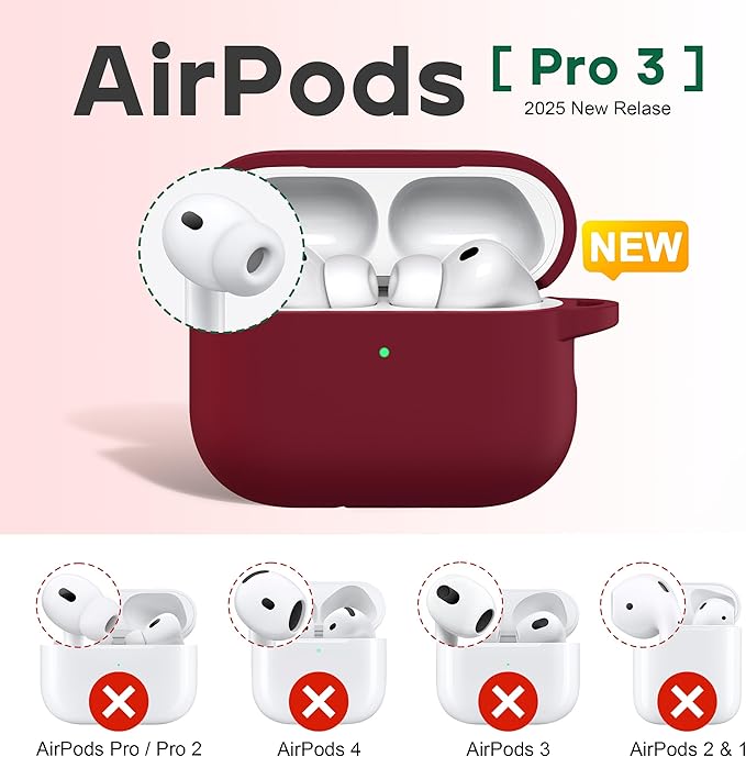R-fun for AirPods Pro 3 Case (2025), Soft Silicone Protective Case Cover Compatible with Apple AirPods Pro 3rd Generation (USB-C Cable) for Women Men with Cleaning Kit and Keychain, Wine red