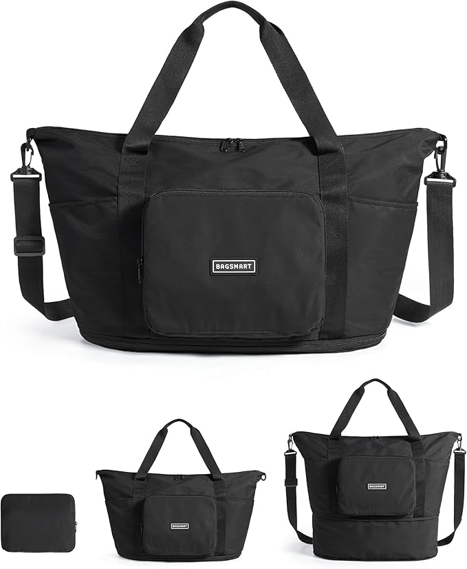 BAGSMART Foldable Travel Bag, 37L Expendable Personal Item Bag, Lightweight Travel Essentials for Women, Water Resistant Extra Carry on Bag, Black