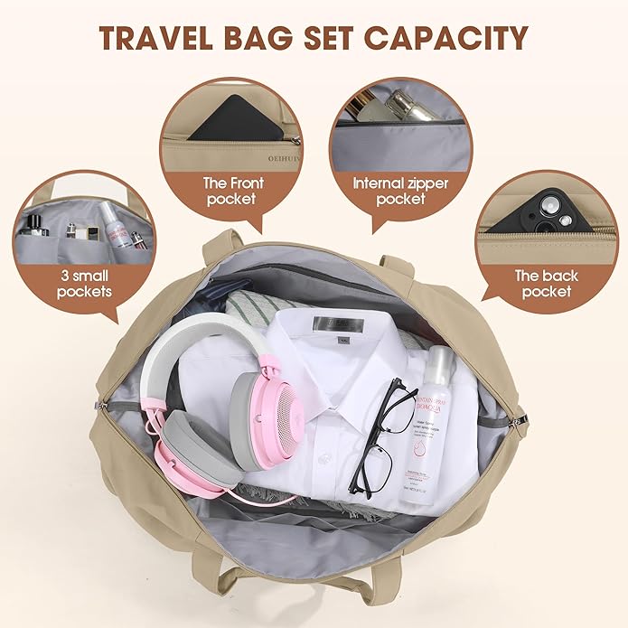 Women's Weekender bag Travel Duffel Bag with Shoe Compartment 21-inch Airline-Approved Carry-On, 2-Piece Overnight Bag Set Personal Item Luggage