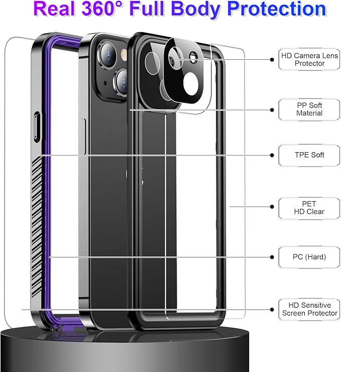 Compatible with iPhone 13 Case Waterproof, Built-in Screen & Camera Protector IP68 Underwater Full Body 13FT Military Dropproof Shockproof Phone Case 6.1"-Purple/Clear