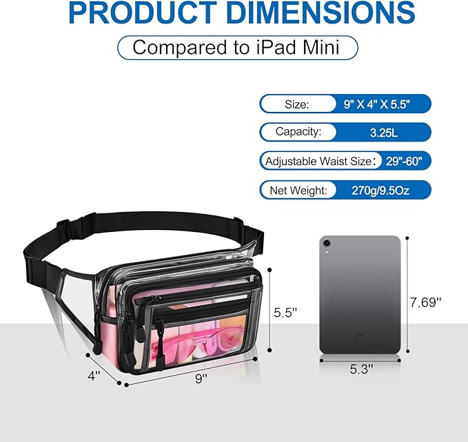 Clear Bag Stadium Approved Large Clear Fanny Pack for Women for Work,Multi-purpose Waist Bag for Travel & Sporting Event