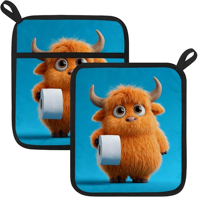 Modern Blue and Cute Highland Cows Pot Holders with Pockets 2 PCS, Heat Resistant Oven Mitts Hot Pads for Kitchen Baking Cooking, Square Thick Pot Holders Kitchen Hot Potholders, 8.5x10 Inches