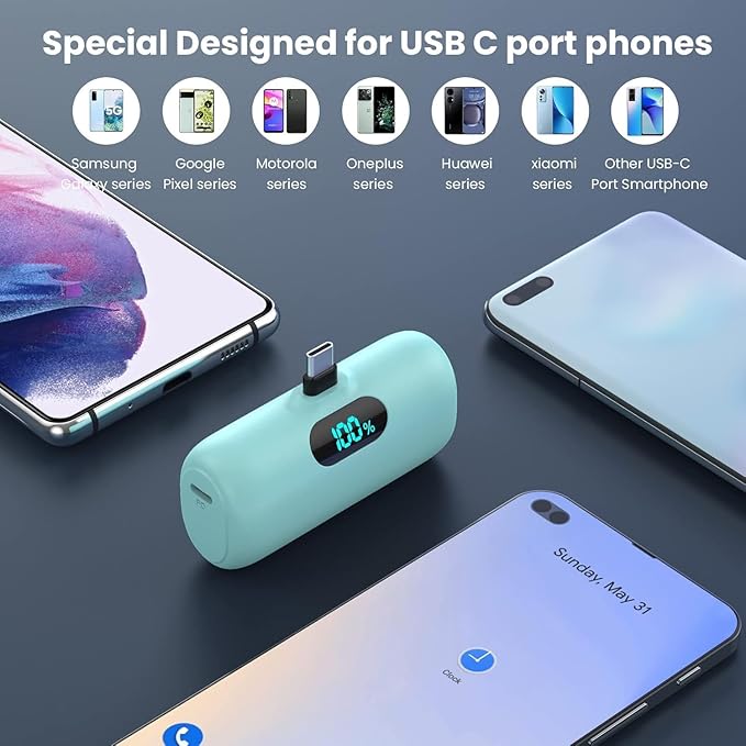 Mini Portable Charger USB C Power Bank,5000mAh PD Fast Charging Battery Pack Built-in USB-C Connector Travel Essential for iPhone17/17Pro/17Pro Max/Air/16 Plus/16Pro Max/15 Series,Android Green