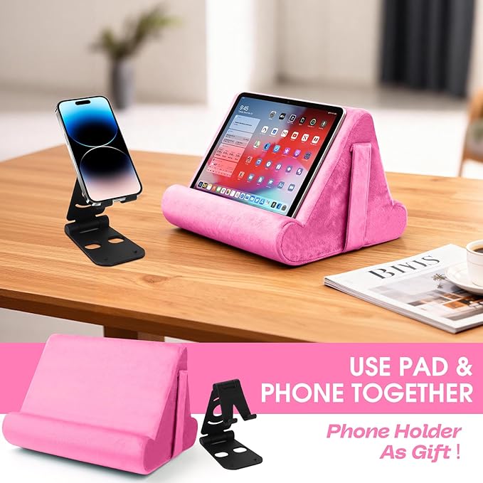 Universal Multi-Angle Tablet Holder - Soft Pad Stand with Net Pocket & Phone Stands for Lap, Knee, Sofa and Bed(Pink)