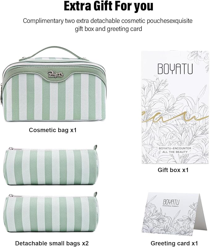 BOYATU Travel Makeup Bag Cosmetic Bag for Women: 3 Pcs Set Striped Make up Bag with Compartments - Waterproof Vegan Leather Toiletry Bag with Handle - Makeup Organizer for Travel Essentials(A-2-Green)