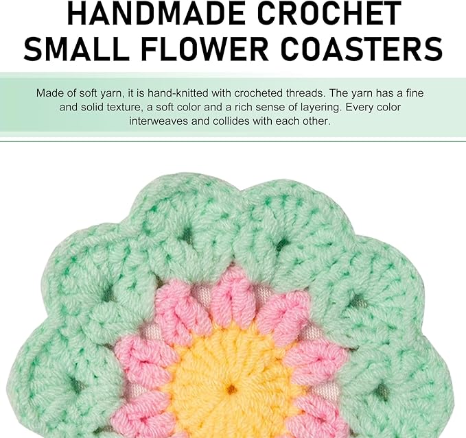 2 PCS Car Flower Coasters, Handmade Crochet Cotton Floral Insert Pad, Non-Slip Absorbent Insulated Placemat, Universal Boho Cute Decor Interior Accessory for Women Girls (Green)
