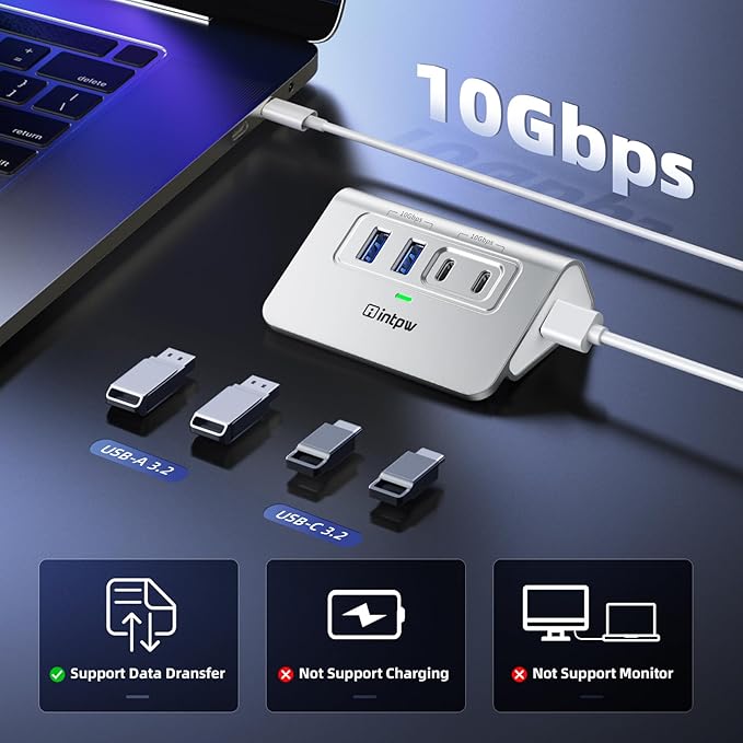 Intpw USB C Hub 10Gbps, 4 Port USB Splitter with 2 USB C/USB A 3.2 Data Ports, [Not Support Video and Chrging], Aluminum USB 3.2 Hub with 3.3Ft Cable for Laptop, PC, Mac, Flash Drive, Camera