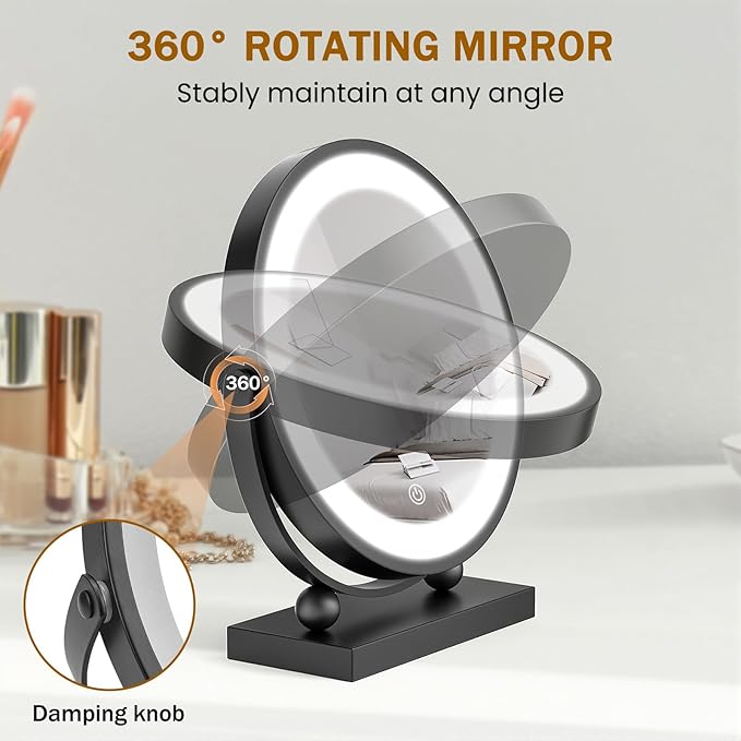 Travel Makeup Mirror, 9" Small Vanity Mirror with Lights, 1500mAH Battery, 3-Color Lighting, Dimmable, 360° Rotation, Round Portable Desk Mirror, Travel Essentials (Black)