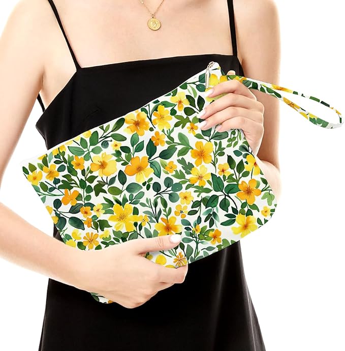 Fokongna Floral Print Wet Bag, Small Portable Waterproof Multi-Functional Organizer for Women, Ideal for Daily, Beach & Travel, Yellow Buttercup Vine