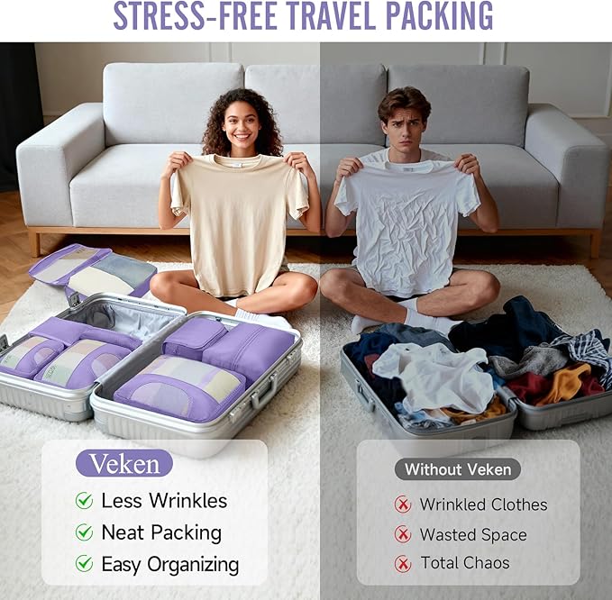 Veken 8 Set Packing Cubes for Travel Essentials,Anti-Wrinkle Buckled Suitcase Organizer for Shoe & Toiletry Bag,Carry On Luggage Bag for Airplane & College Dorm Room Accessories,Women Men Gifts