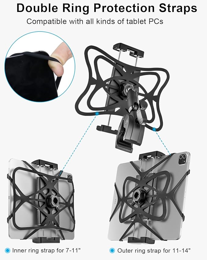 Metal iPad Tablet Mount for Boat Helm, Marine, Wheelchair, Golf Cart, Stroller, Treadmill, Spin Bike, Bicycle, Mic Stand - 360° Adjustable Handlebar Clamp for 4-13" iPad Pro, Air, Mini, Galaxy, iPhone