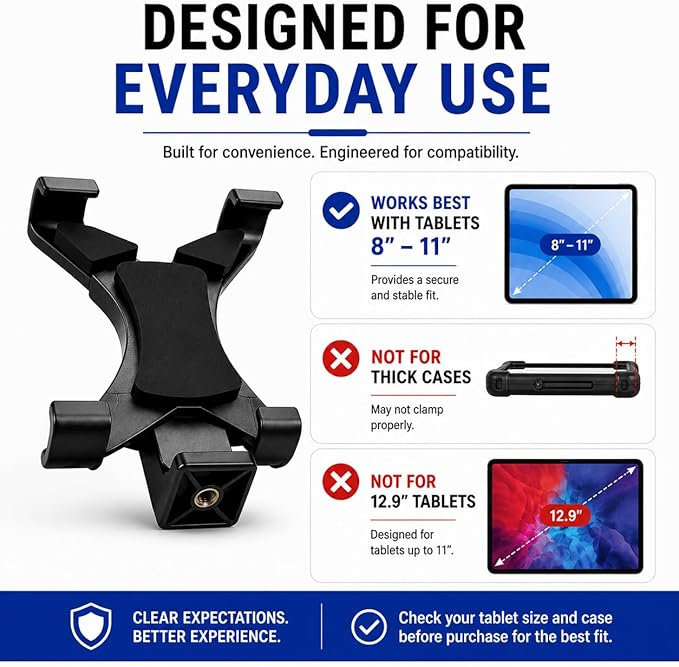 Acuvar Universal Tablet Tripod Mount Holder, Adjustable Stand Adapter for iPad, Samsung Galaxy Tab & Surface, Fits 8–11 Inch Tablets (Vertical & Horizontal), Compatible with Tripods & Monopods