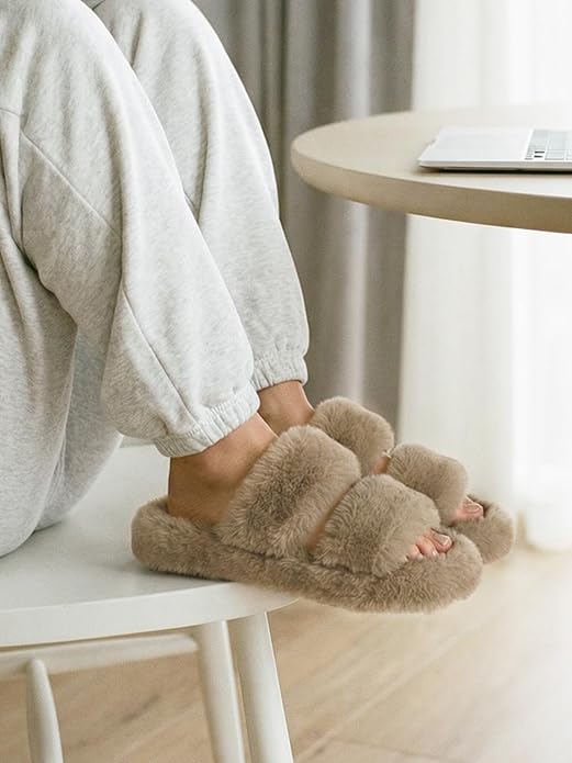 FamilyFairy Women's Fluffy Faux Fur Slippers Comfy Open Toe Two Band Slides with Fleece Lining and Rubber Sole
