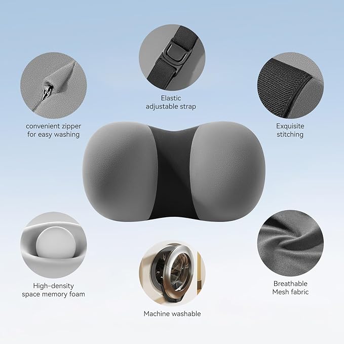 BABUR Car Headrest Pillow, 100% Memory Foam Softness Neck Support Pillow, Universal Fit Head Rest Travel Pillow for Pain Relief While Driving, Gray