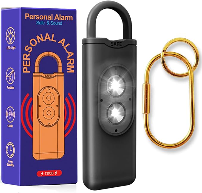 Halo-Siren Keychain, HaloSiren Personal Safety Alarm - 130db Loud Alarm Keychain with LED Strobe Light, Compact Emergency Siren (Double Flashing Lights - Black + Copper Ring)