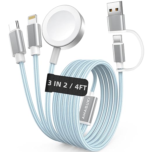 Travel Essentials,3 in 2 USB C Cable for Apple Watch Charger,iPhone Charger,Multi Charging Cable,Cruise Vacation Camping Essentials,Portable for iWatch Series 11-2/Ultra/SE & iPhone 17-12,Car,Blue