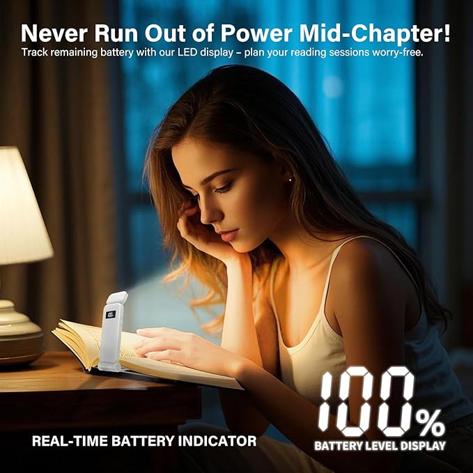 KTEBO Rechargeable Book Light with Clip & Battery Indicator, 9 Luminescence Modes, USB-C Portable 1.6 oz Ultralight Lamp for Night Reading in Bed, Readers - White