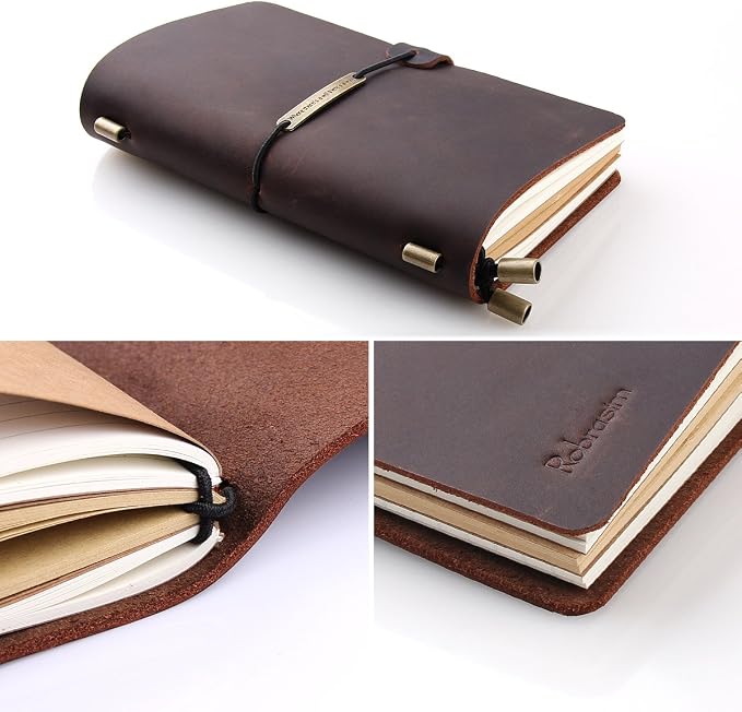 Robrasim Leather Journal Refillable Travelers Notebook, Antique Handmade Leather Writing Diary Notepad, Travel Journal Notebook for Men & Women, Medium Size 6.7" x 4" - Coffee