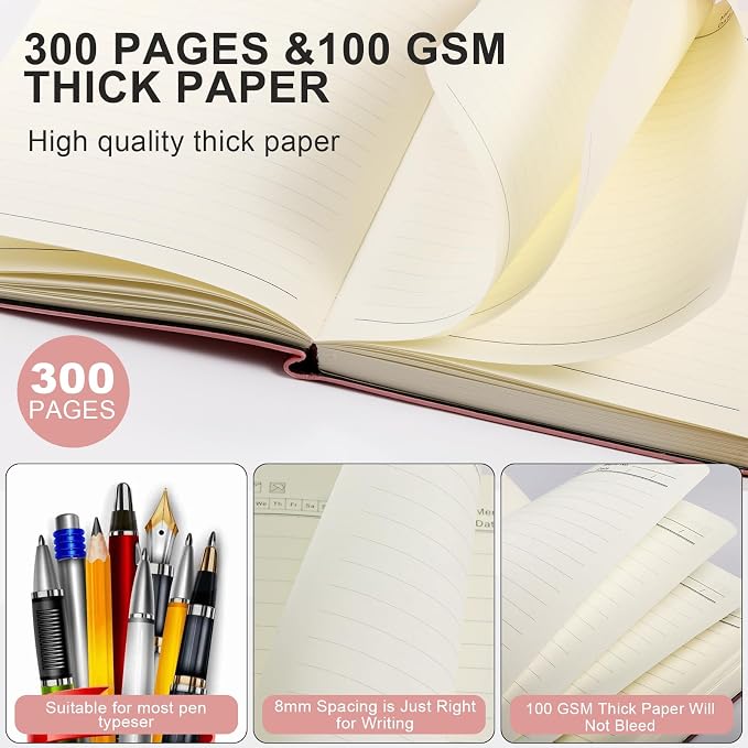 Fetinar Aesthetic Lined Journal Notebook for Women,300 Pages Softcover Leather Lined Journal Notebook,300 Pages Daily Journal, College Ruled Notebook for Work School, Note Taking 5.75'' X 8.38'' Pink