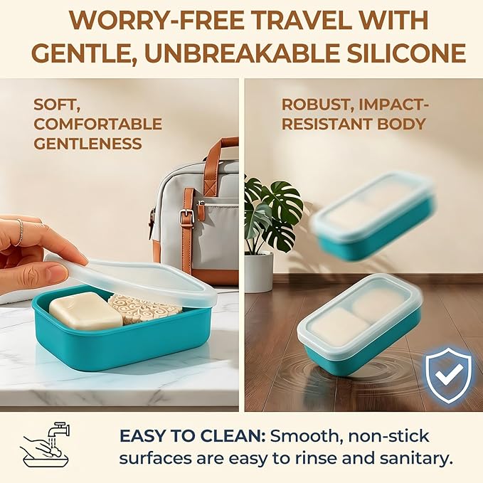 Enhanced Leak Proof Travel Soap Case, AIMAIAIMAI Silicone Soap Container with Draining Layer, Portable Bar Soap Holder for Bathroom, Camping, Gym, Easy to Clean (Translucent & Green)