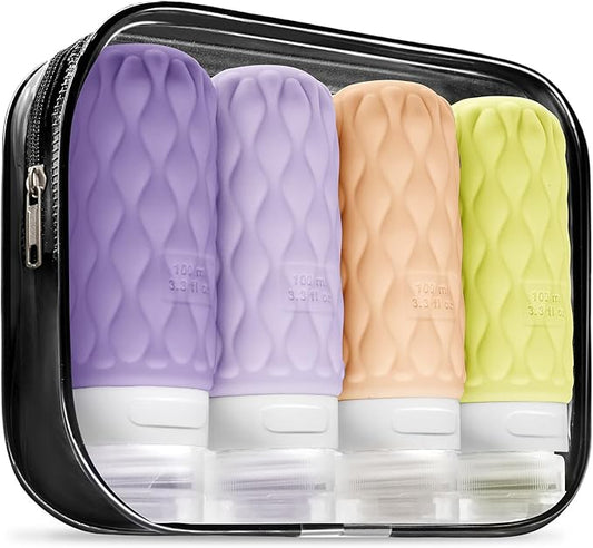 100 ml Silicone Travel Bottles for Toiletries with Labels/Clear Bag, Holiday Travel Essentials Leakproof Refillable Squeeze Travel Size Containers Set for Shampoo and Conditioner